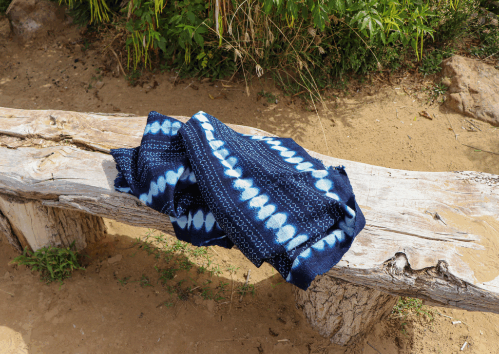 Indigo textile from Mali on a bench